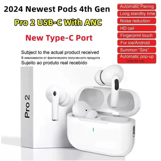 2024 New 4Th Gen Pods Pro 2 with ANC USB C TWS Wireless Bluetooth Earphones Pods Pro6 Earbuds Earphone Handfree Headset USB-C Charging Port Iphone Headphones